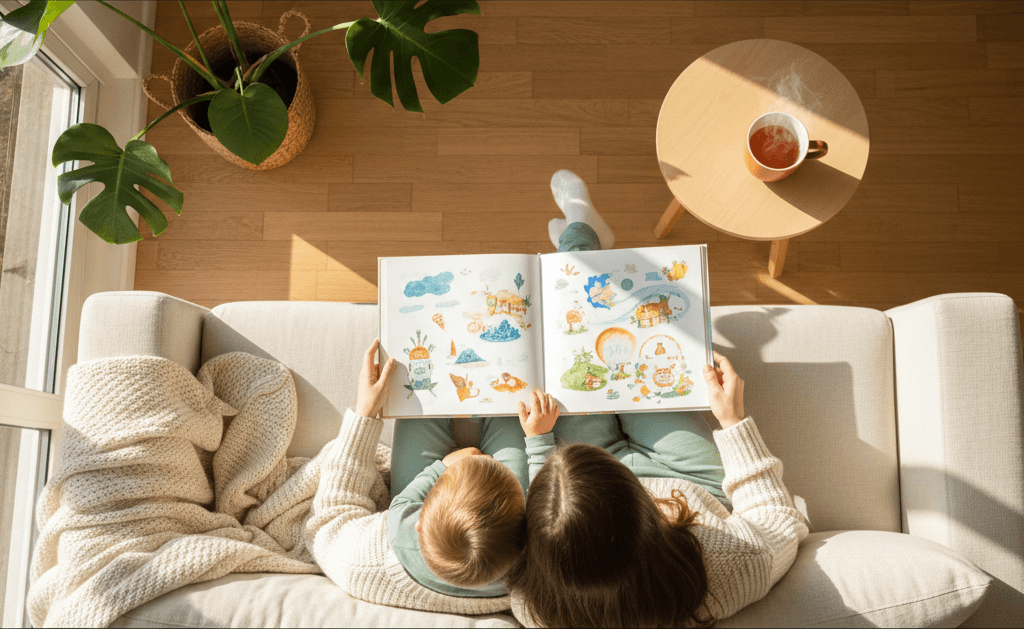 Madre e hijo leyendo un libro personalizado, vista desde arriba